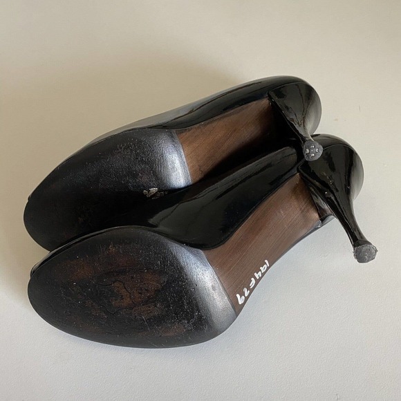 Stuart Weitzman Peep Toe Pump Patent Leather Black Slim Heel Slip On 6 M… - Picture 8 of 8